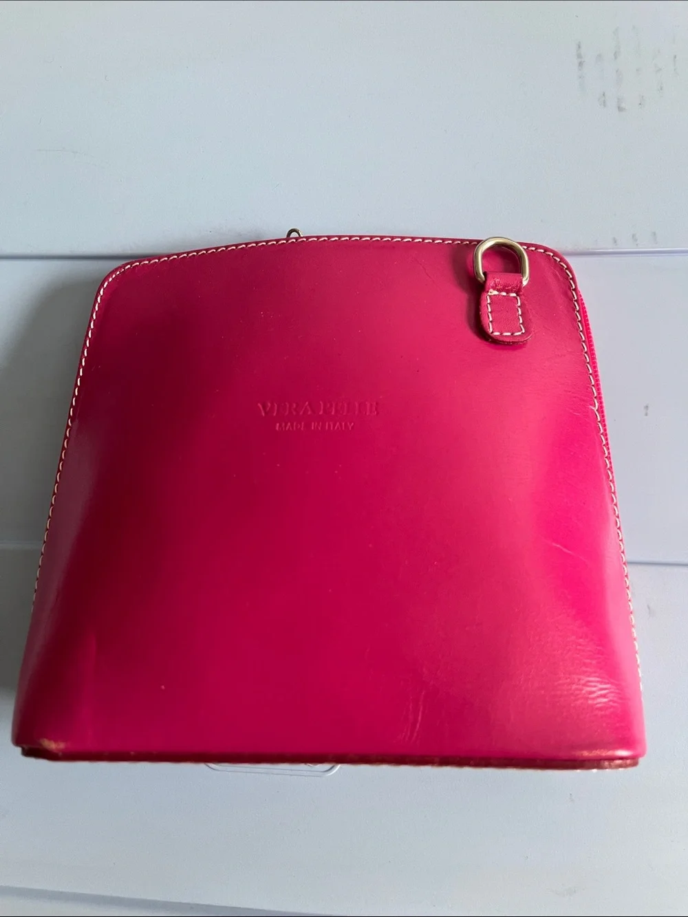 Vera Pelle Bright Pink Leather Wristlet Clutch with Gold Ring